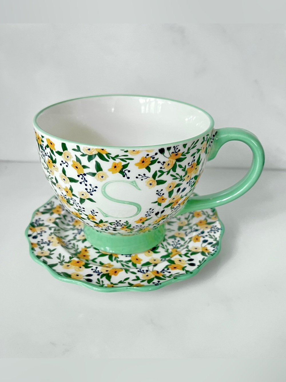 Floral monogram S Mug 16 oz with matching plate 6" D Set of 2 Market Square New